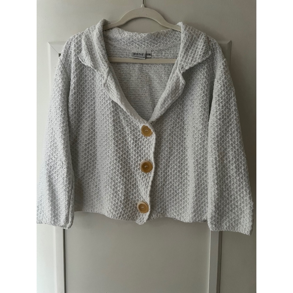 Habitat Clothes To Live In White Waffle Knit Cotton Cardigan Sweater L/XL USA